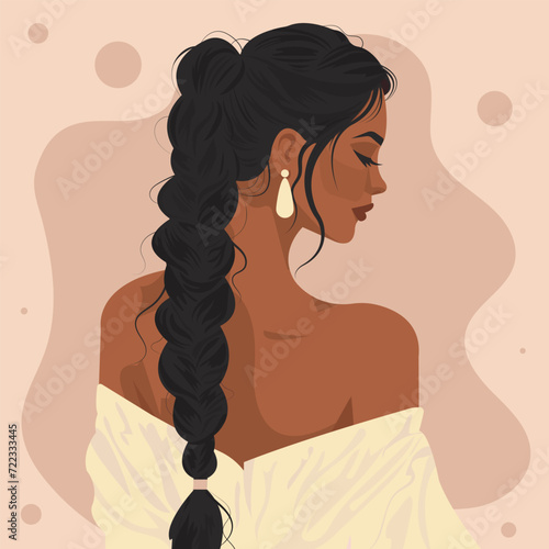 Vector flat illustration of a beautiful African woman with braided hair, wearing a dress with bare shoulders. Back view.
