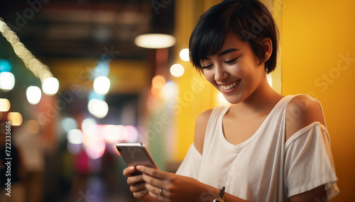 A joyful young woman is immersed in using her smartphone on a lively street at night  surrounded by soft bokeh lights.
