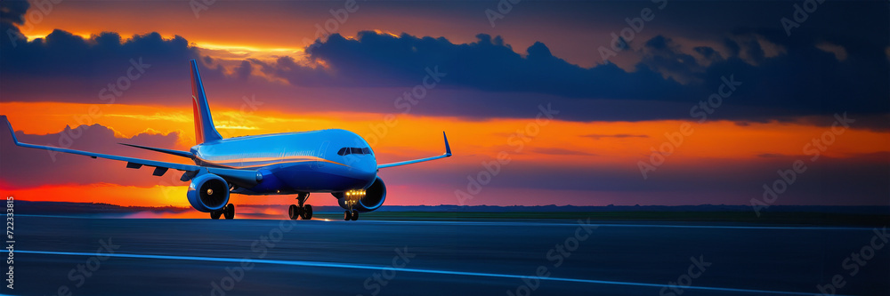 Passenger plane is landing during a wonderful sunset. Landscape with passenger airplane is flying over the asphalt road and cloudy sky. Commercial plane is landing. Copy space banner - obrazy, fototapety, plakaty 