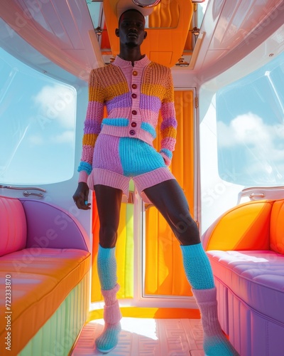 fashion photography of modern African man in mini shorts and colorful knit on a cruise liner cabine background, vibrant neon color. Soft masculinity trend concept. photo