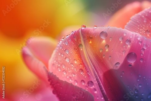 A Single Dewdrop Clinging to the Vibrant Pink Petal of a Tulip, Refracting Morning Sunlight into a Miniature Rainbow Spectrum - A Mesmerizing Macro or Close-Up View of Nature's Delicate Beauty