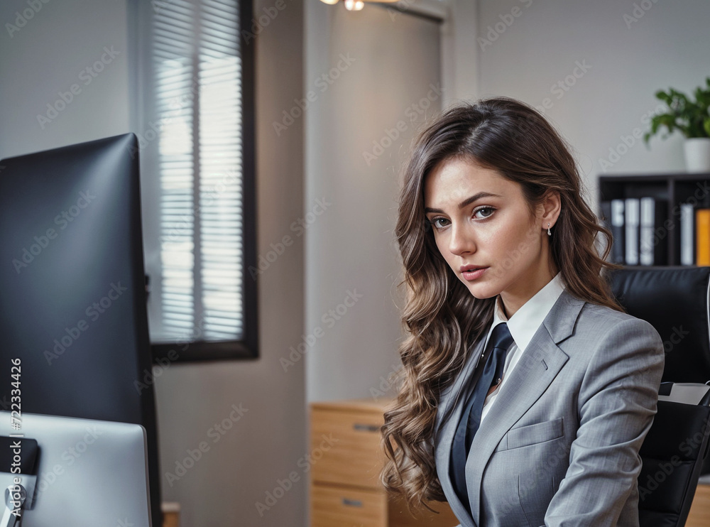 A confident businesswoman stands in a modern office, wearing a blazer. She has nice hair 