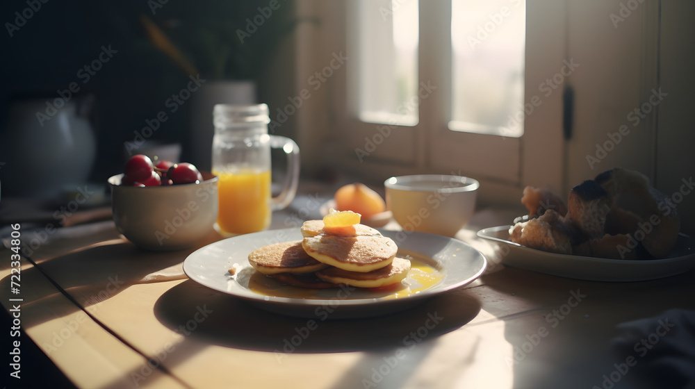 Sun-kissed Breakfast Pancakes on Wooden Table ai-generative Sun-kissed Breakfast Pancakes on Wooden Table ai-generative