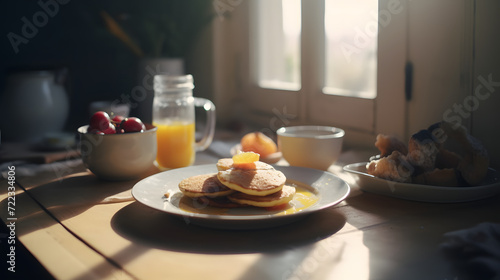 Sun-kissed Breakfast Pancakes on Wooden Table ai-generative