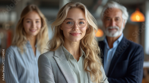 A confident young female professional in glasses, flanked by her team, including a senior male colleague, in a well-lit modern office environment.