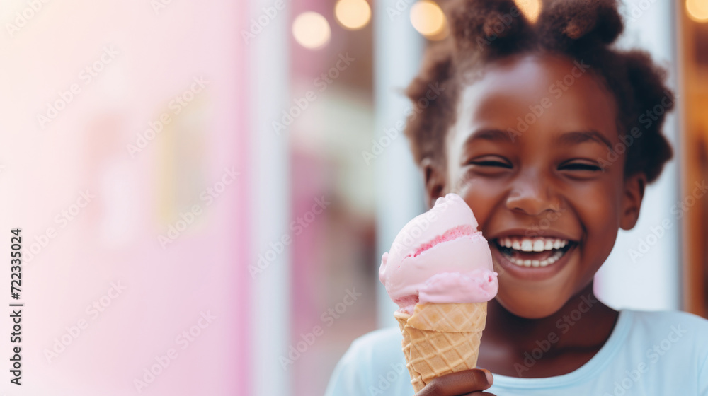 African American girl portrait enjoying pink ice cream cone, copy space