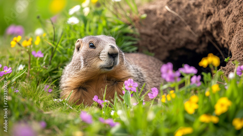 Adorable Groundhog Emerges from Burrow Surrounded by Spring Flowers and Lush Grass on Groundhog Day 