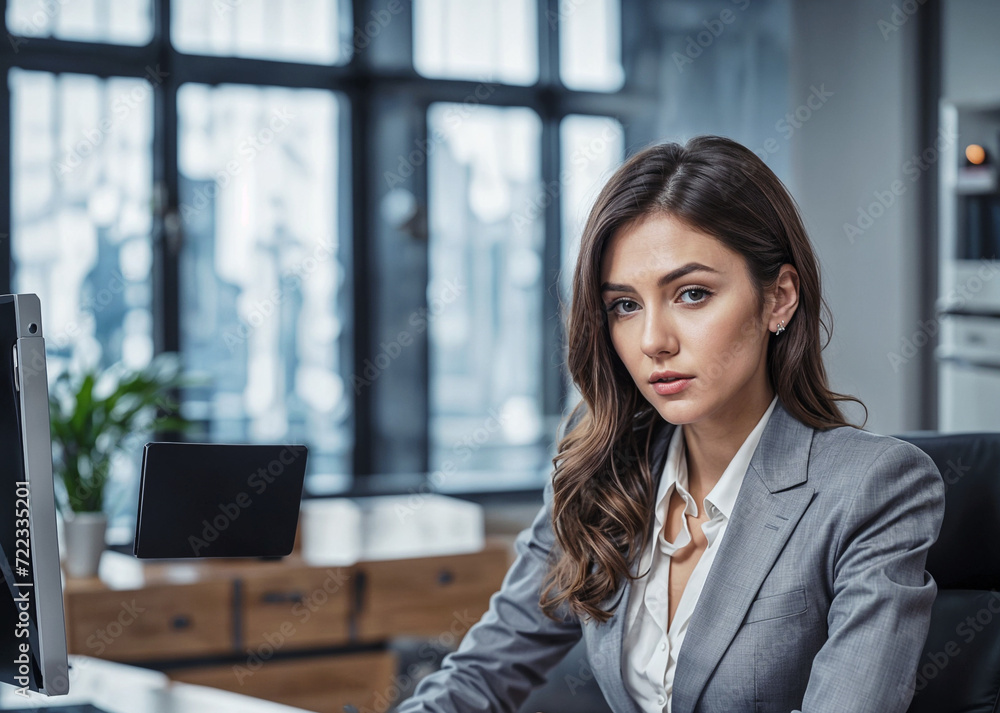 A confident businesswoman stands in a modern office, wearing a blazer. She has nice hair 