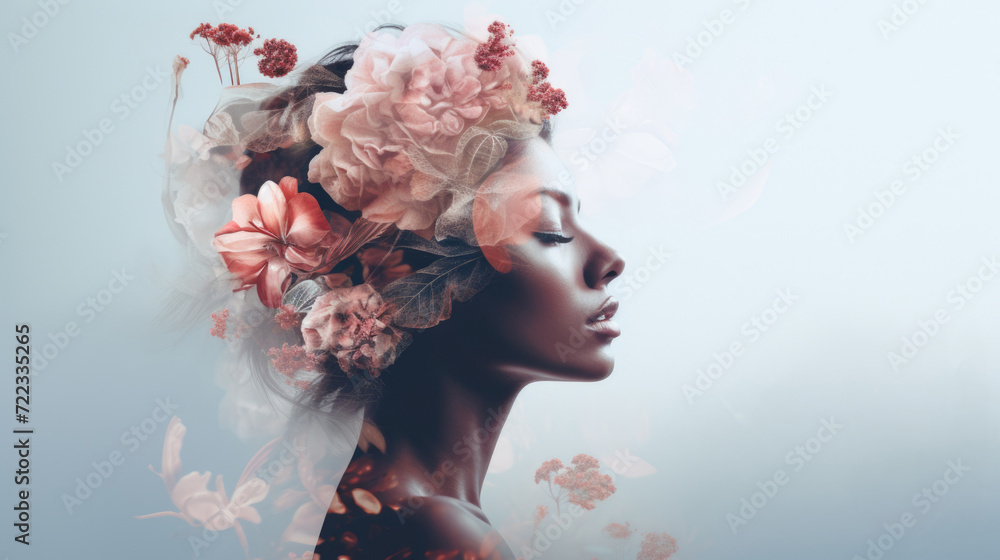 Woman profile with flowers in head, concept of mental health, double exposure Woman profile with flowers in head, concept of mental health, double exposure