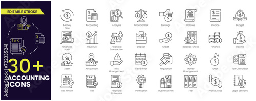 Accounting Editable Stroke icon set. Containing financial statement, accountant, financial audit, invoice, tax calculator, business firm, File, tax return, Financial Statement and income. Outline icon photo