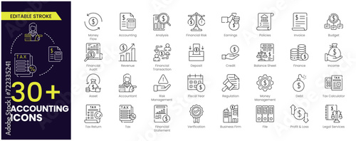 Accounting Editable Stroke icon set. Containing financial statement, accountant, financial audit, invoice, tax calculator, business firm, File, tax return, Financial Statement and income. Outline icon