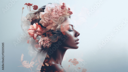 Woman profile with flowers in head, concept of mental health, double exposure photo