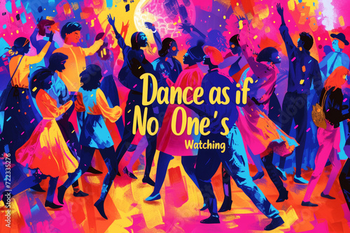 Vibrant Dance Floor Illustration with Inspirational Quote. A lively digital artwork of people dancing with joyous abandon, overlaid with the phrase "Dance as if No One's Watching" in vibrant colours.