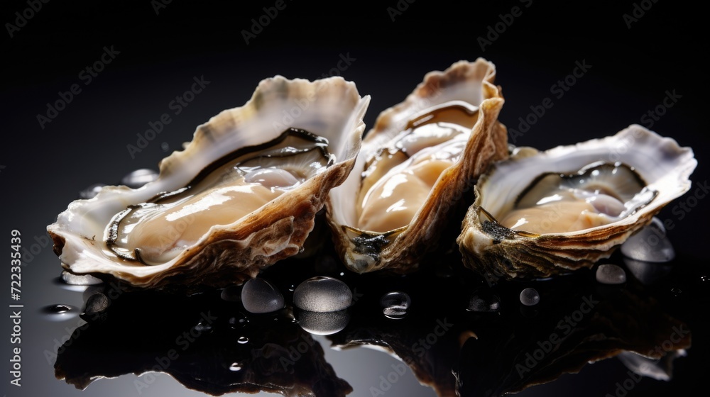 Fresh oysters served on ice, close up, copy space
