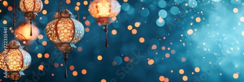 Festive Lanterns with Blue Bokeh Background