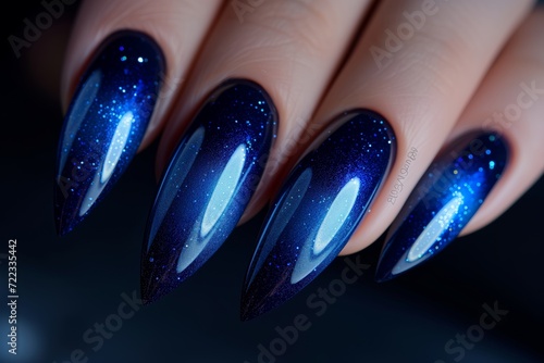 Dark Blue Acrylic Nails Gracefully Displayed Against a Dark Background, Bathed in a Light Violet Hue - A Luxurious, Polished, and Elegant Statement in the World of Nail Art