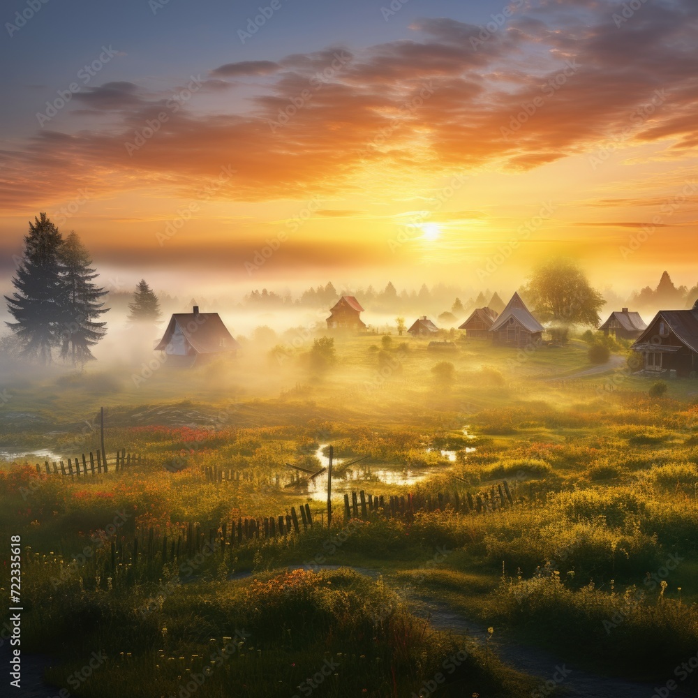  Sunrise meadow with houses and fog