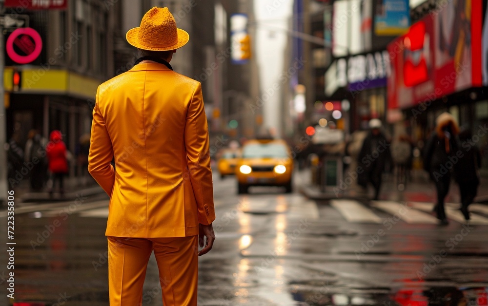 Man in Yellow Suit and Hat Walking Down the Street Man in Yellow Suit and Hat Walking Down the Street