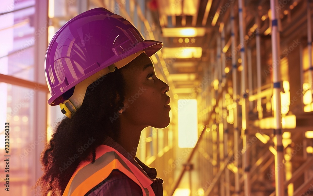 Woman Wearing Hard Hat and Safety Vest at Construction Site Woman Wearing Hard Hat and Safety Vest at Construction Site