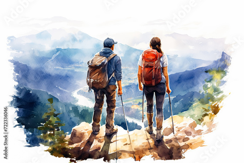 Experience the serenity of love with a watercolor illustration depicting a couple in the mountains. © Алла Морозова