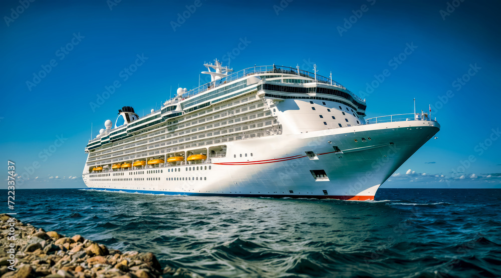 Large cruise ship in the middle of the ocean on sunny day.