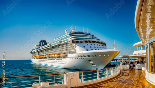 Cruise ship docked at pier with blue sky in the background.