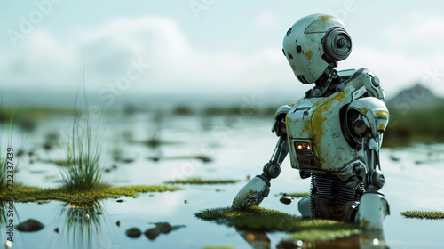 AI robot in dirty toxic swamp with radiation waste. - AI Generated photo