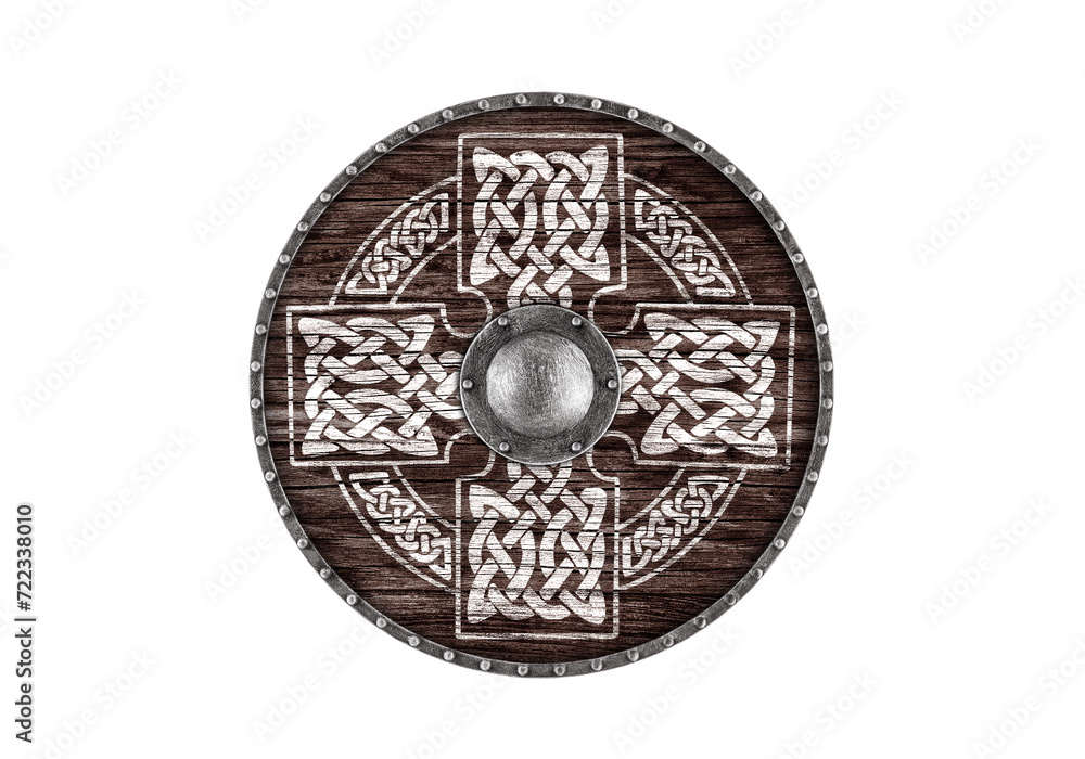 Old decorated wooden round shield isolated on white background