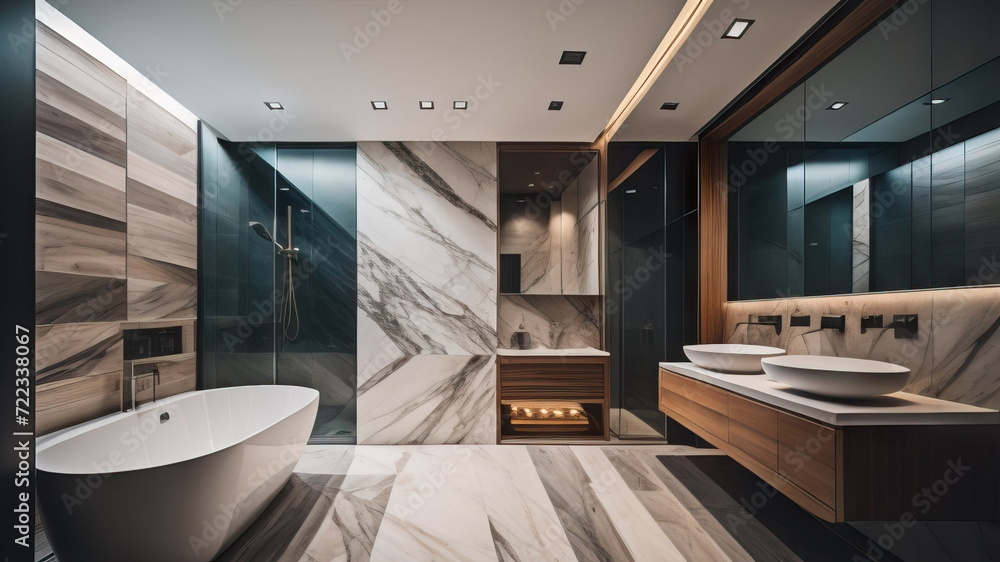 Interior design of modern bathroom with wooden and marble stone paneling wal - obrazy, fototapety, plakaty 