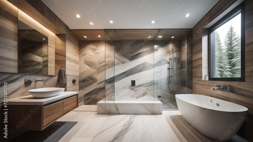 Interior design of modern bathroom with wooden and marble stone paneling wal Interior design of modern bathroom with wooden and marble stone paneling wal