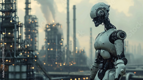 robots work in factories polluting environment industrial structures with pipes and smoke gray clouds replacing humans - AI Generated