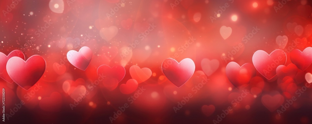 Banner with red hearts on blurred background background with copy space for Valentines Day
