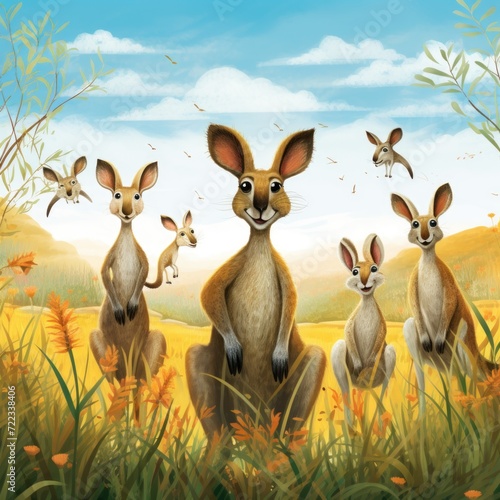 Whimsical cartoon-style group of kangaroos in grassland