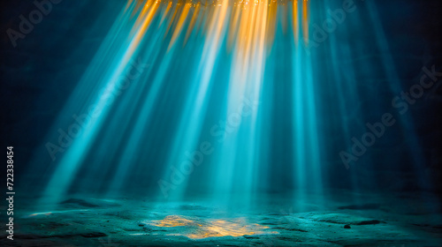 Underwater World with Sunlight, Sea Nature with Light Rays, Ocean Depth and Clear Blue Water, Diving Scene with Submerged Beauty