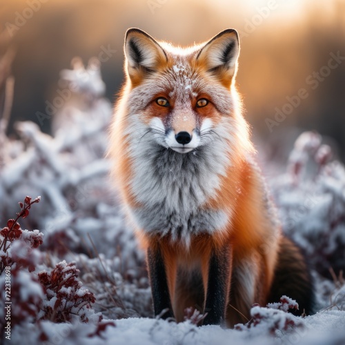 Wildlife photograph of a fox with red fur in nature wilderness in winter.