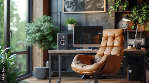 Modern Masculine Home Office Workspace Interior Design with Black Industrial Desk, Brown Leather Armchair, PC, and Stylish Personal Accessories