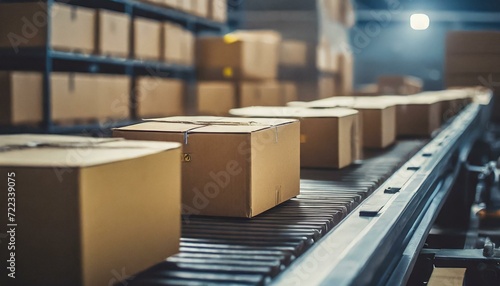 multiple cardboard box packages seamlessly moving along a conveyor belt in a warehouse photo