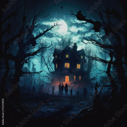 Wooden Haunted house and people. Spooky Old Haunted house in spooky dark forest. Haunted house in the night forest. Moonlight