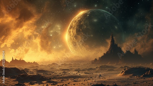 Alien planets with unique landscapes and atmospheric phenomena, [background for designer's work astronomical theme lots of space for text.] photo