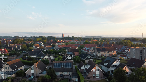 Aerial drone view of homes, houses and apartments in Steenwijk, Overijssel, The Netherlands. Residential area neighborhood architecture captured from above.