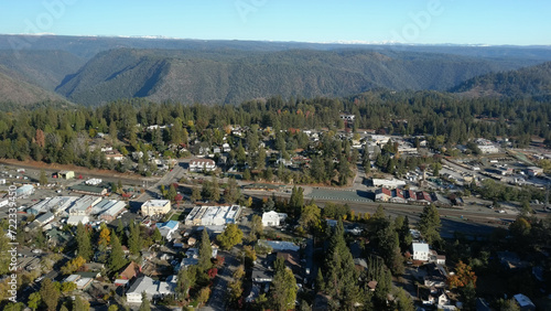 Aerial drone view of Colfax, California with the American River Canyon in the background. 