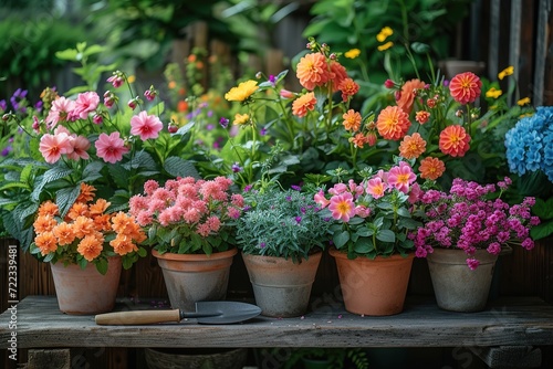 Vibrant garden flowers in pots, gardening concept. Ideal for garden centers or horticulture guides. 