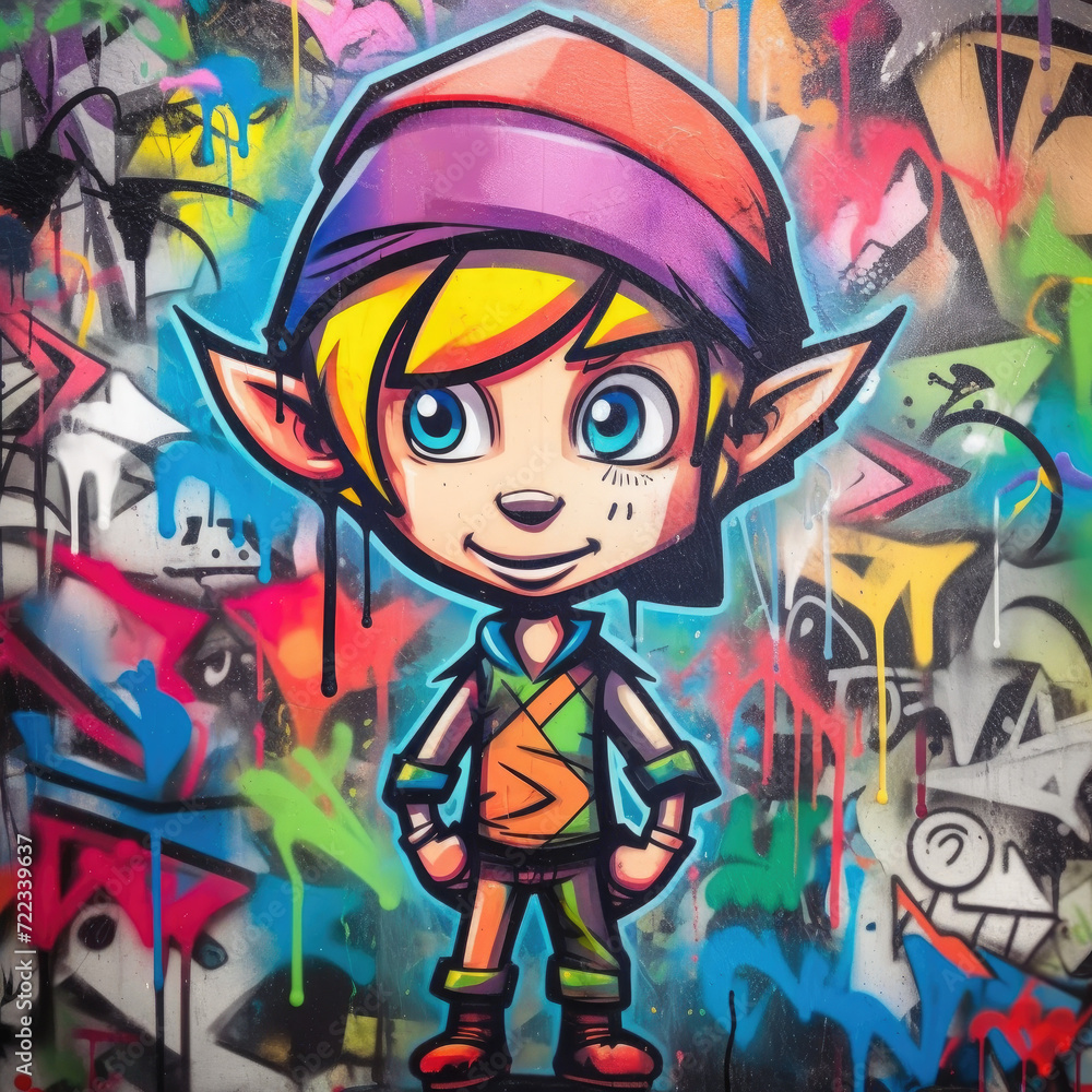 Elf on the background of graffiti watercolor multicolored, vivid