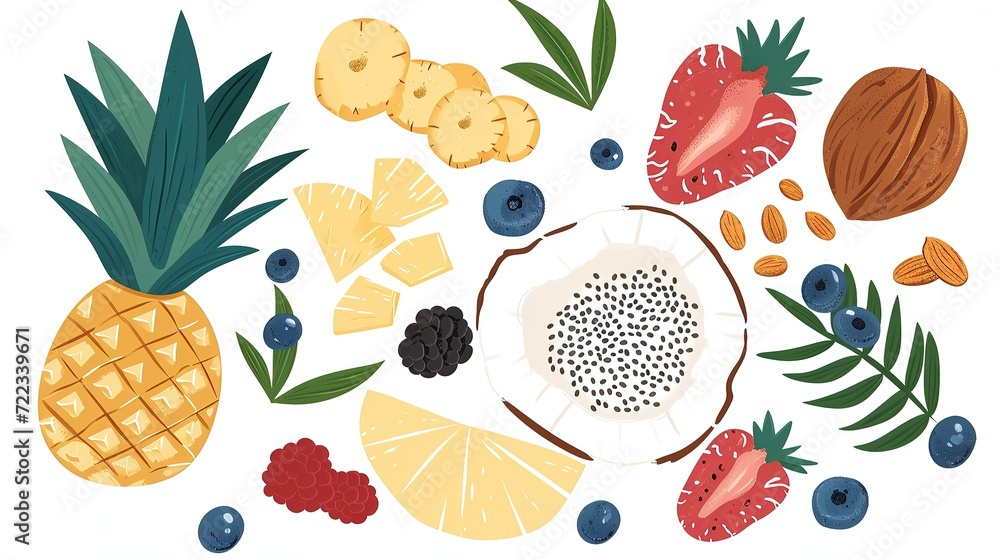 Assorted healthy foods and fruits illustration. Ideal for dietary and nutrition guides. Assorted healthy foods and fruits illustration. Ideal for dietary and nutrition guides.