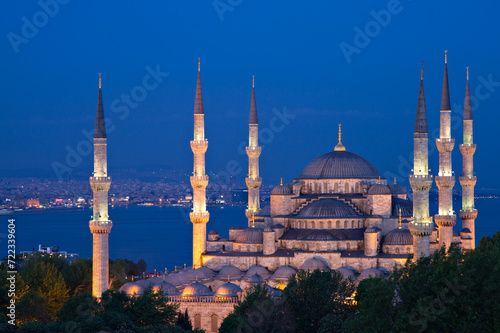 Illuminated Sultan Ahmed Mosque at the blue hour