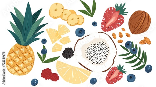 Assorted healthy foods and fruits illustration. Ideal for dietary and nutrition guides. 