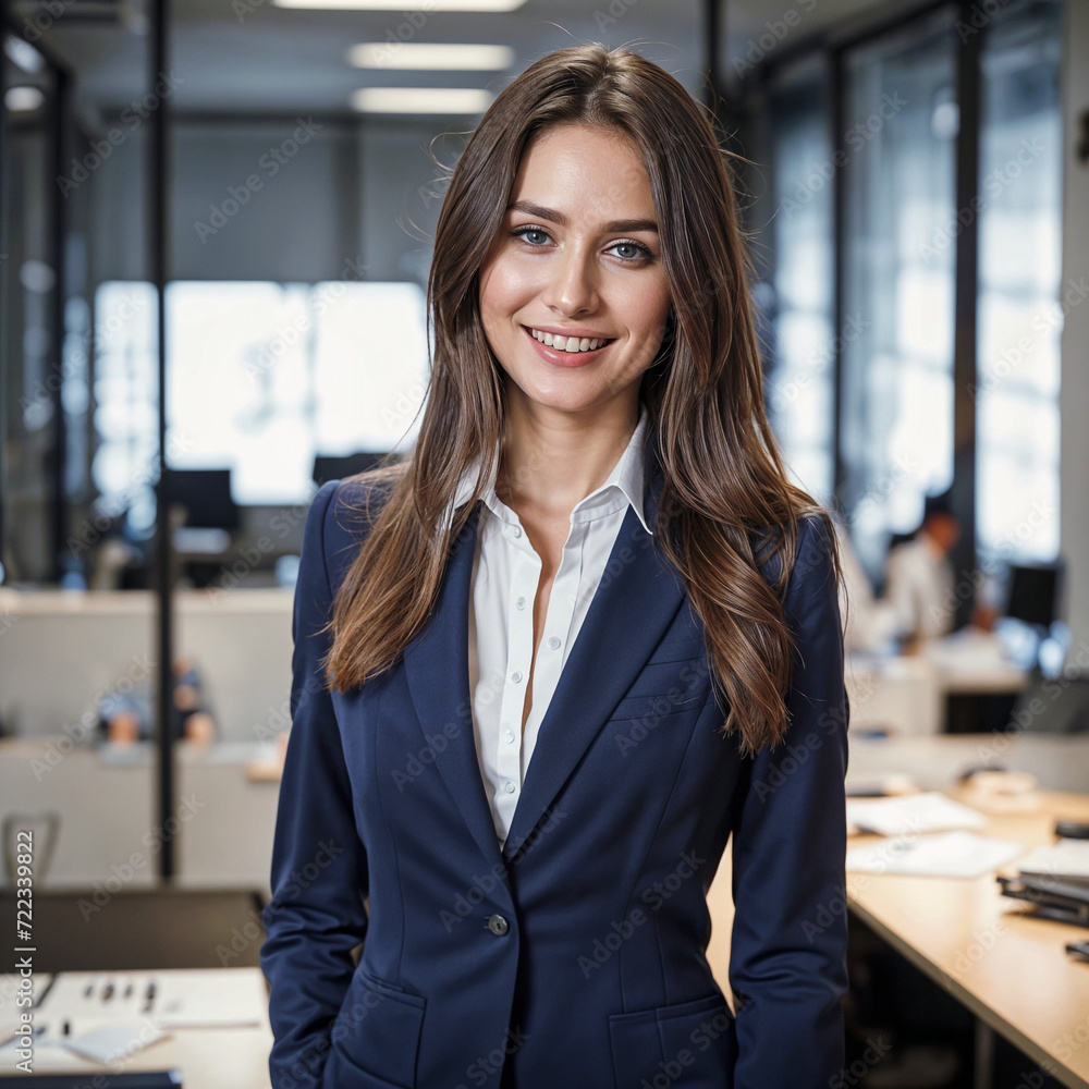 A confident businesswoman stands in a modern office, wearing a blazer. She has nice hair A confident businesswoman stands in a modern office, wearing a blazer. She has nice hair