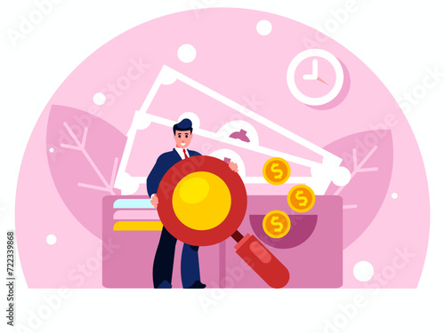 Search for funding. Businessman holding a huge magnifying glass. Background with big wallet with credit cards, banknotes and coins. Vector graphics