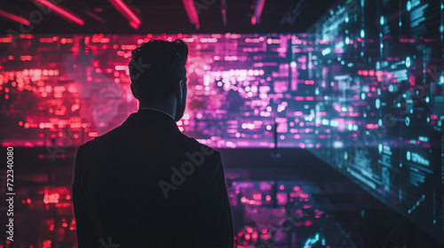 A business leader stands before a vast array of glowing data visualizations, indicative of a data-centric strategy and leadership in a high technology corporate environment.