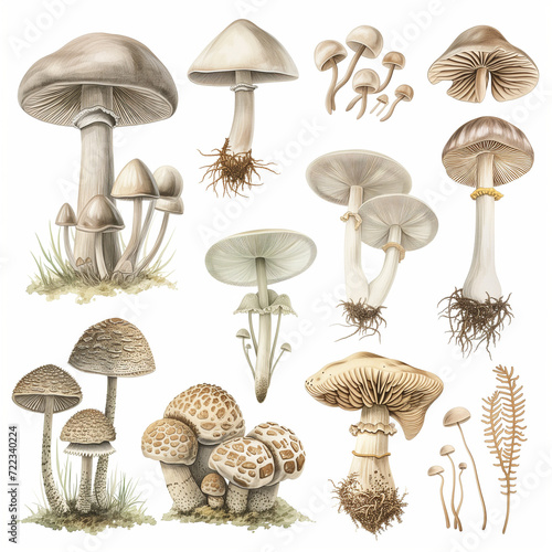 botanical mushroom drawings, vintage, graphic of mushroom specimens. all white background muted rainbow colors botanical illustration, educational Generative AI
